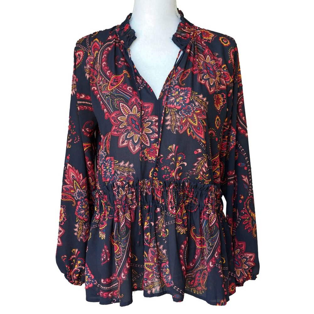 LOFT Balloon Sleeve Top Flowy Sheer Corporate Paisley Hippie Blouse High Collar
